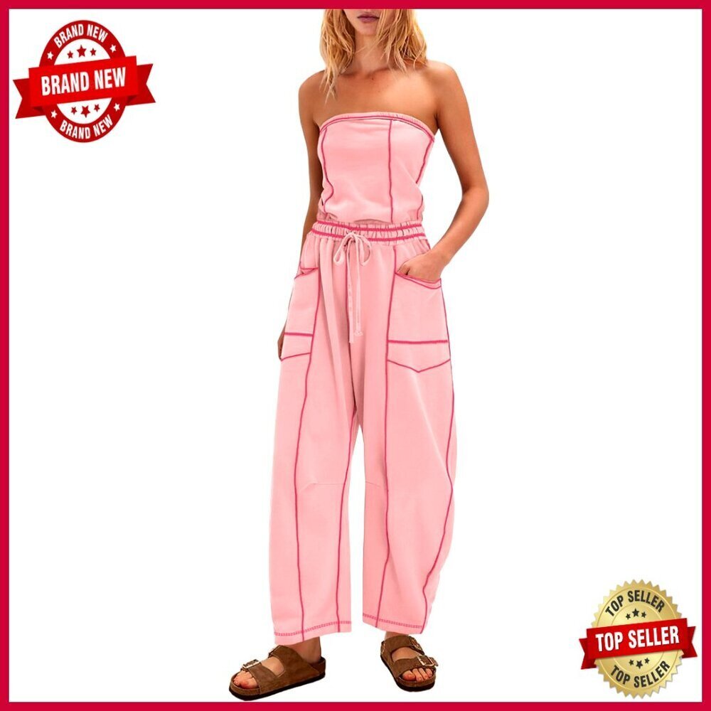 Strapless Jumpsuit with Pockets, Off Shoulder Romper, Medium Size